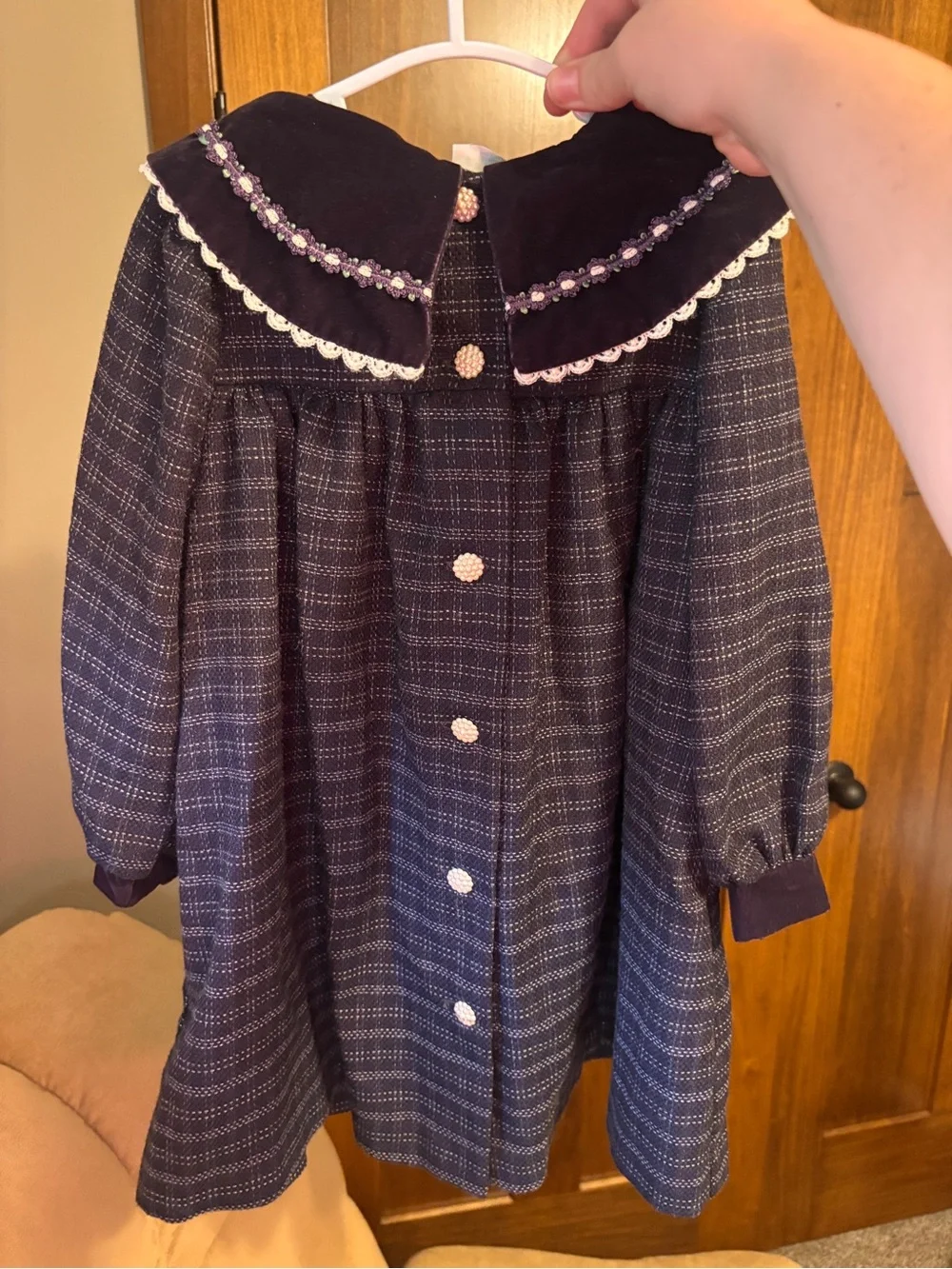 Vintage Bonnie Jean Girls Dress 4T Navy Plaid Velvet Peter Pan Collar Lace Pearl